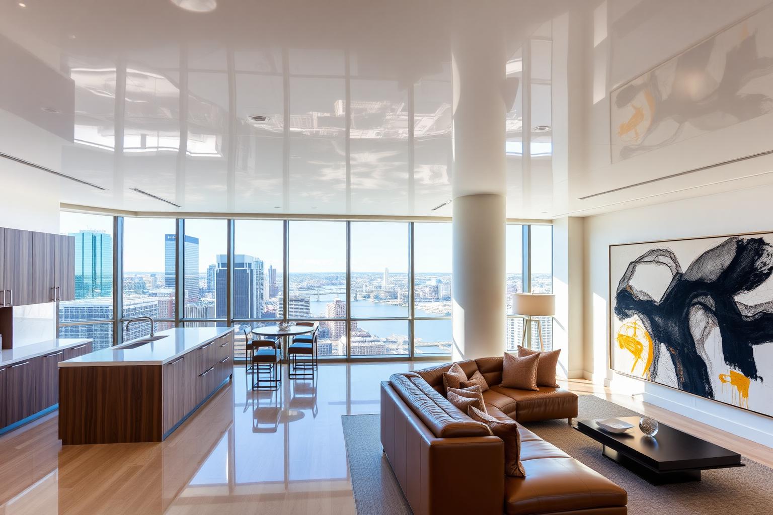 Glossy stretch ceiling in penthouse interior