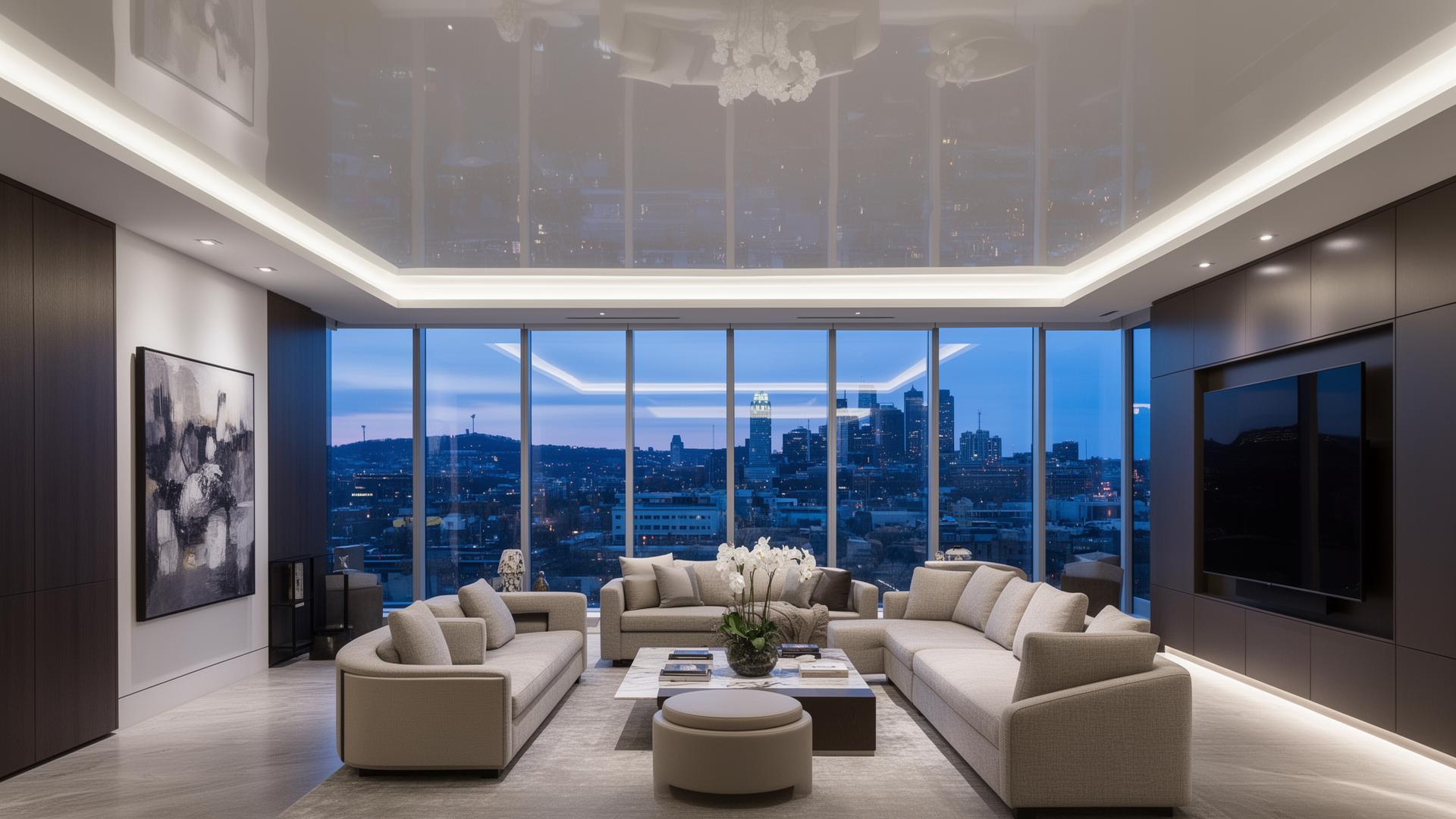 Luxury Pittsburgh penthouse living room with high-gloss stretch ceiling and cove lighting